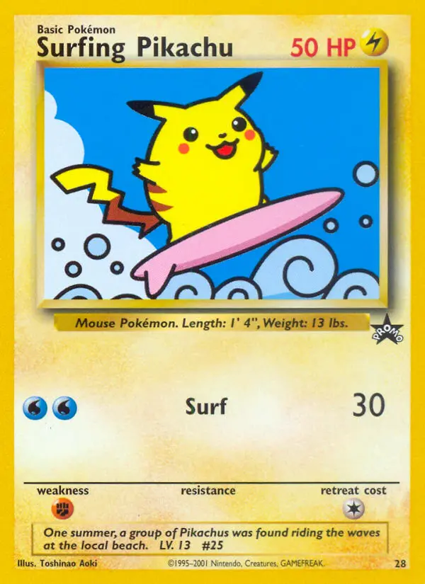 Surfing Pikachu 28 card from Wizards Black Star Promos