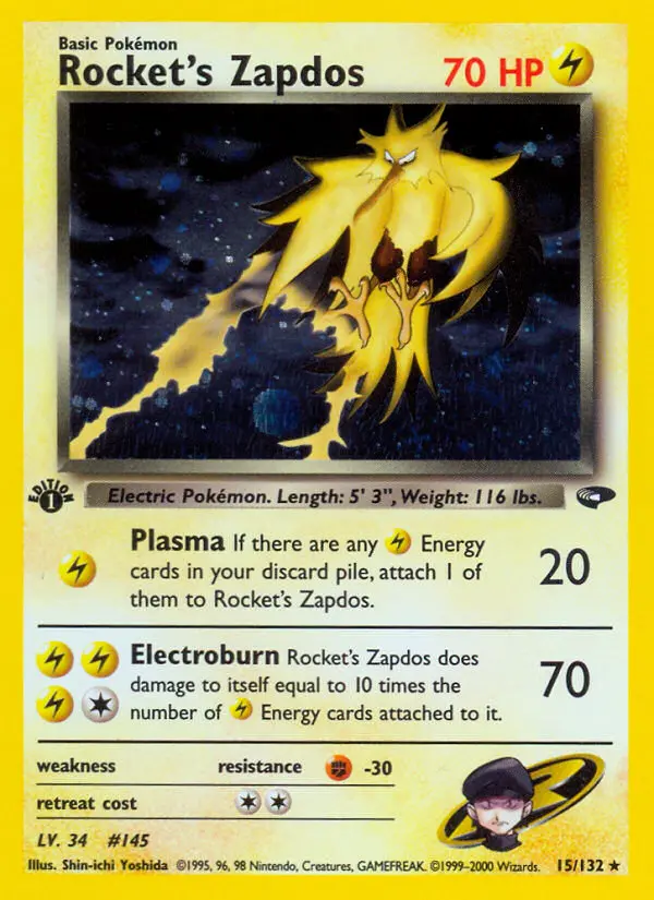 Rocket's Zapdos 15 — Gym Challenge 15, 1st Edition Holofoil finish
