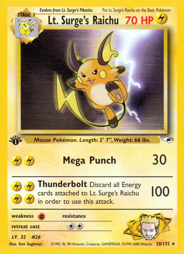 Lt. Surge's Raichu 28 — Gym Heroes 28, 1st Edition finish