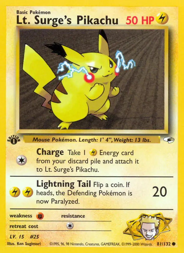 Lt. Surge's Pikachu 81 card from Gym Heroes