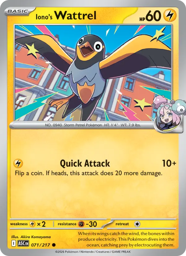 Iono's Wattrel 71 card from Ascended Heroes