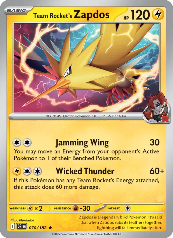 Team Rocket's Zapdos 70 card from Destined Rivals
