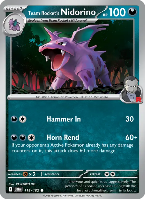 Team Rocket's Nidorino 118 card from Destined Rivals