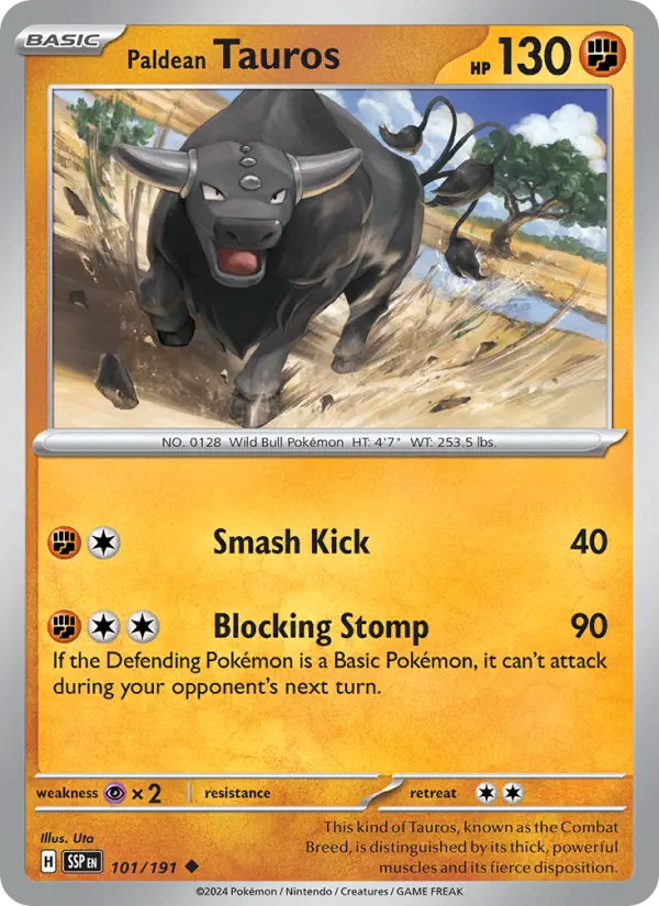 Paldean Tauros 101 card from Surging Sparks