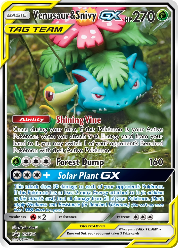 Venusaur & Snivy-GX SM229 card from SM Black Star Promos