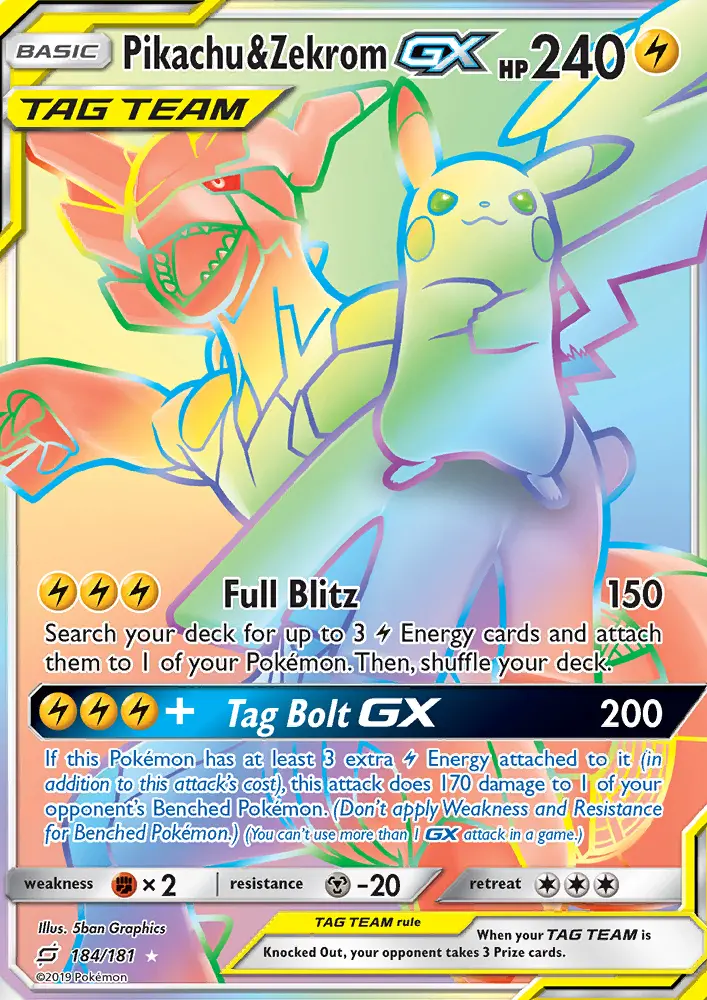 Pikachu & Zekrom-GX 184 — Team Up 184, Holofoil finish