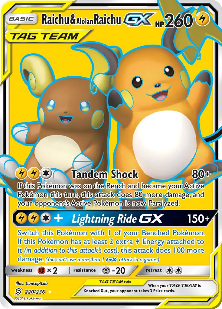 Raichu & Alolan Raichu-GX 220 — Unified Minds 220, Holofoil finish