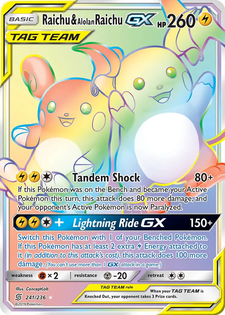 Raichu & Alolan Raichu-GX 241 — Unified Minds 241, Holofoil finish