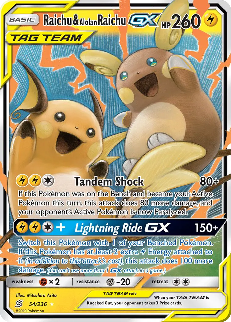 Raichu & Alolan Raichu-GX 54 — Unified Minds 54, Holofoil finish