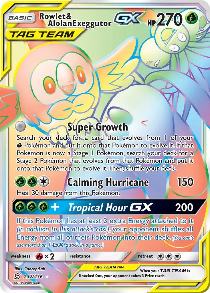 Rowlet & Alolan Exeggutor-GX 237 — Unified Minds 237, Holofoil finish