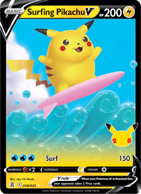 Surfing Pikachu V 8 — Celebrations 8, Holofoil finish