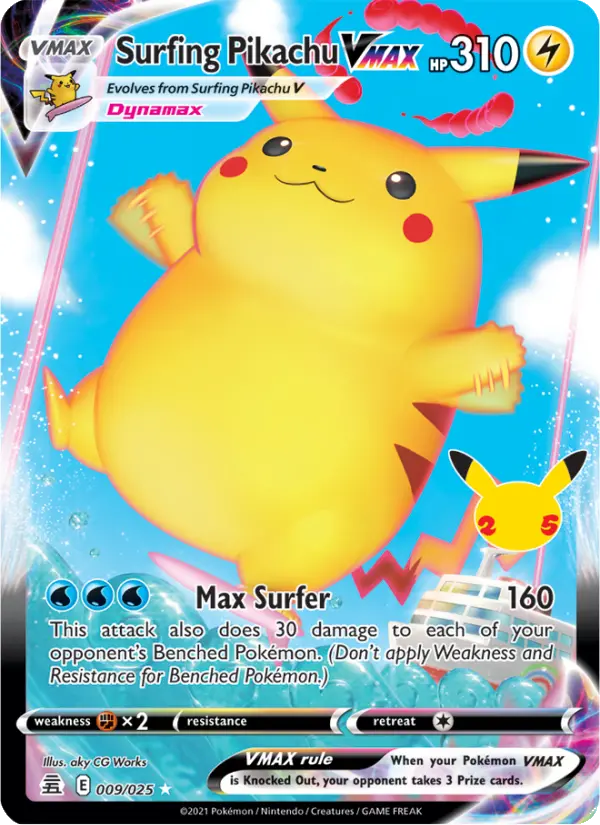 Surfing Pikachu VMAX 9 — Celebrations 9, Holofoil finish