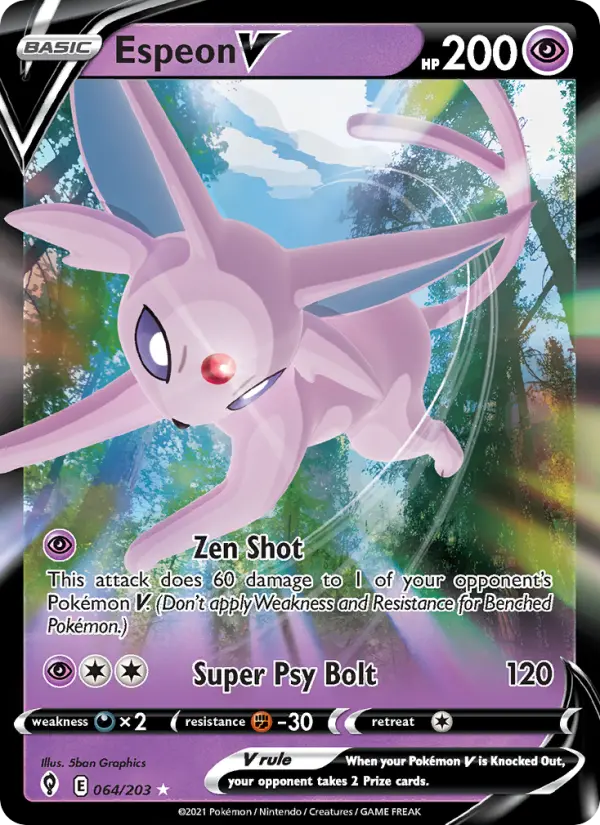 Espeon V 64 — Evolving Skies 64, Holofoil finish
