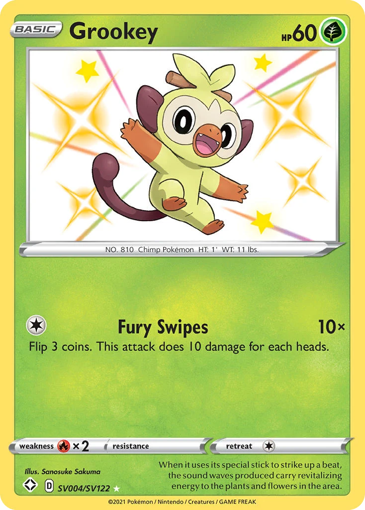 Grookey SV004 card from Shining Fates Shiny Vault